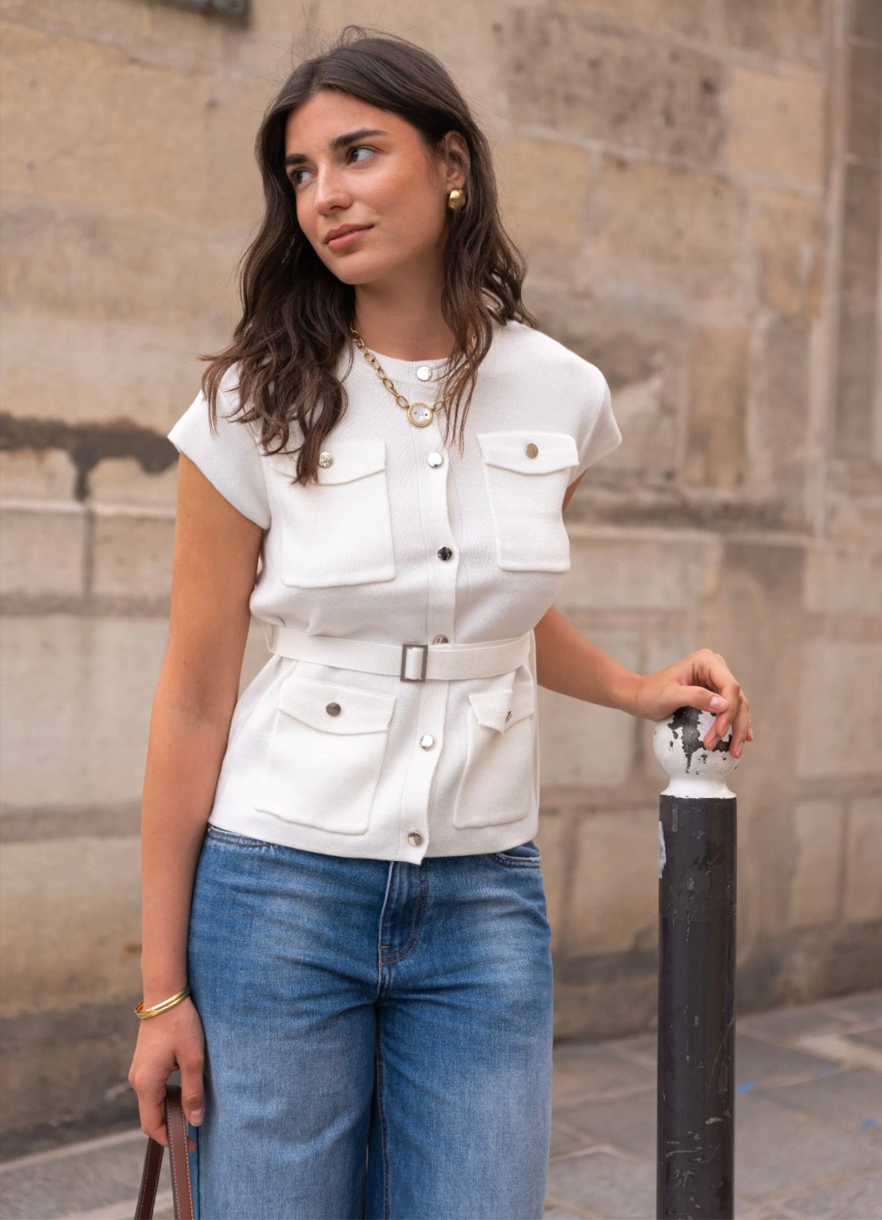 Gilet saharienne ceinturée en maille Abigaël